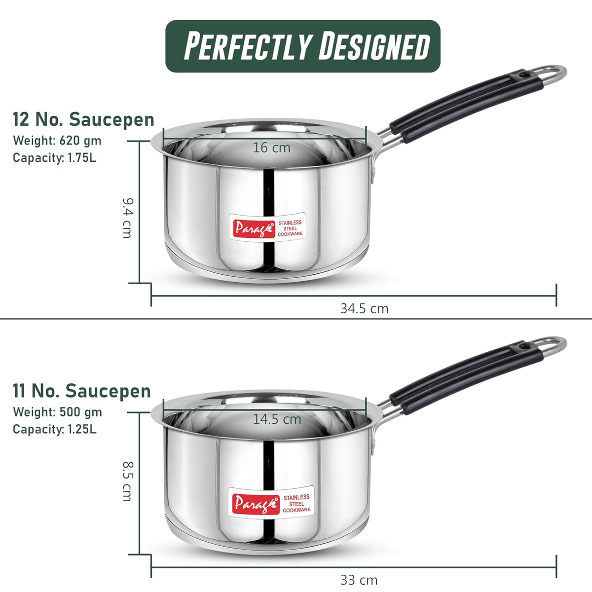 Parage 2 Pieces Stainless Steel Sauce Pan, Tea Pan, Milk Pan Heavy Gauge with Heat-Resistant Wire Handle Induction & Gas Stove Friendly (1.25 LTR & 1.75 LTR, Silver)