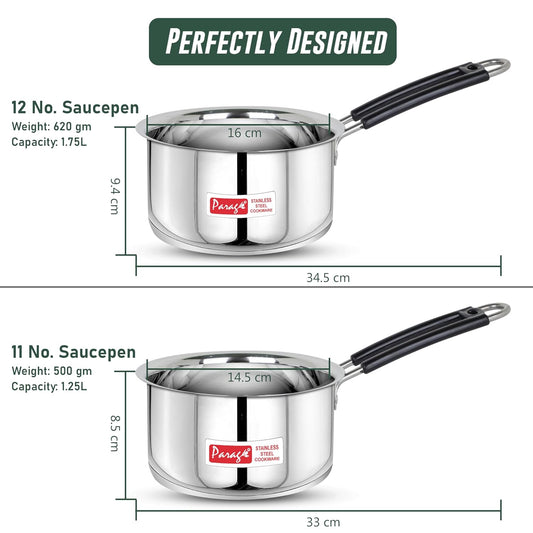 Parage 2 Pieces Stainless Steel Sauce Pan, Tea Pan, Milk Pan Heavy Gauge with Heat-Resistant Wire Handle Induction & Gas Stove Friendly (1.25 LTR & 1.75 LTR, Silver)