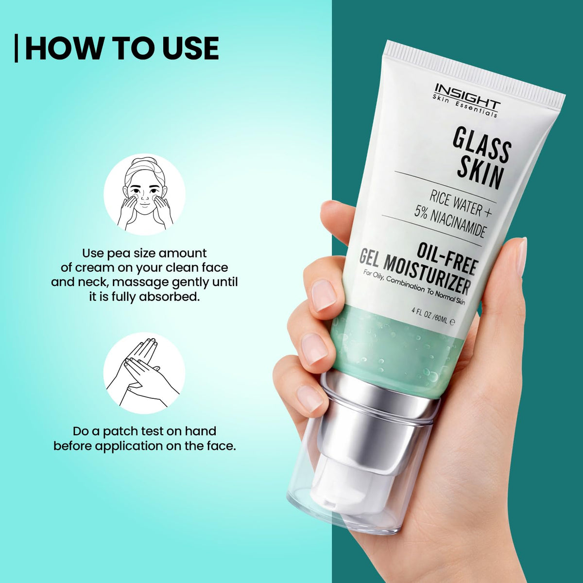 Insight Cosmetics Glass Skin Oil-Free Gel Moisturizer with 5% Niacinamide and Rice Water, Intense Hydration, 60 ml