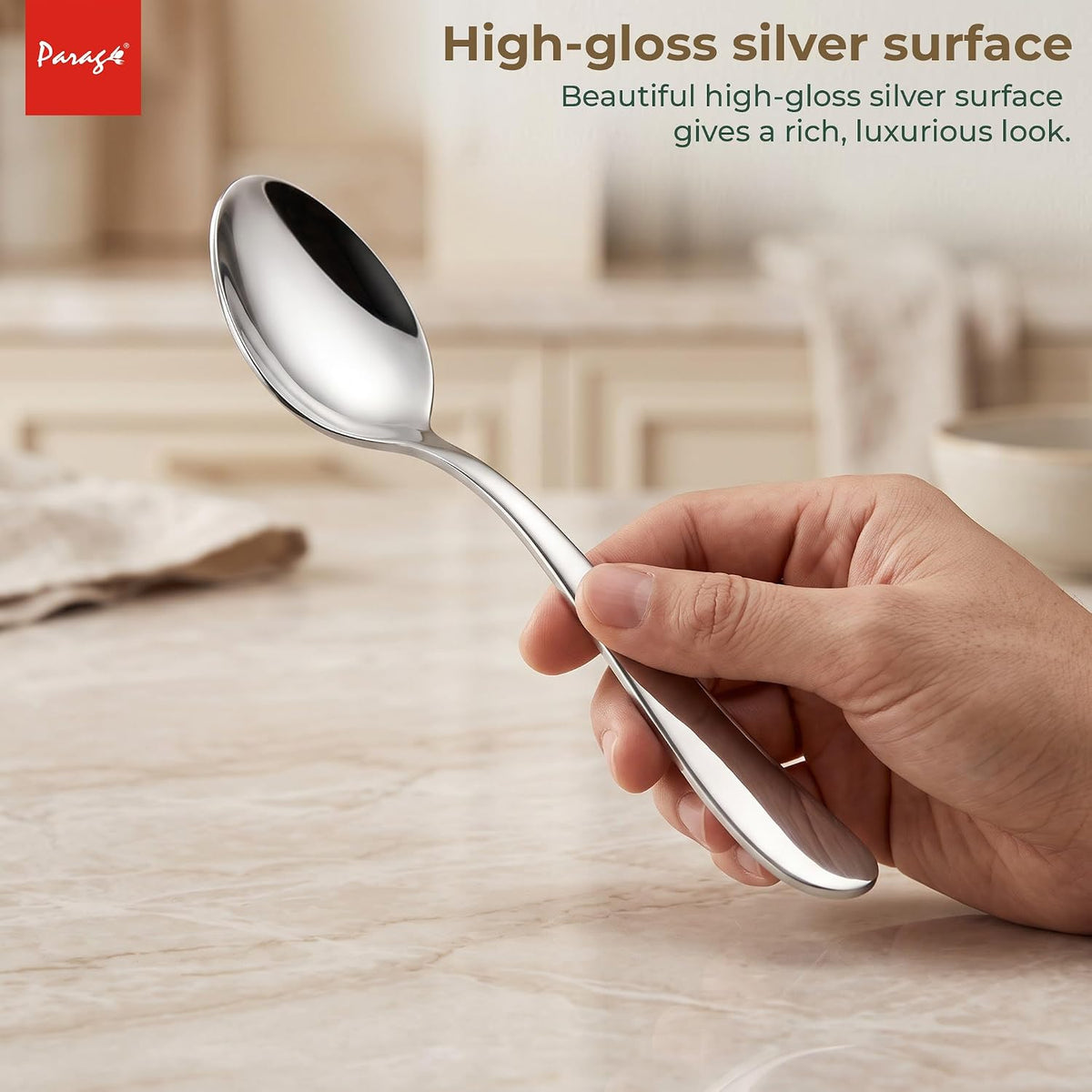 Parage Tiara Stainless Steel Dinner Spoon Set of 6, Length 16cm Tableware with 2mm Thickness Spoons, Mirror Finish for Home Kitchen Dining