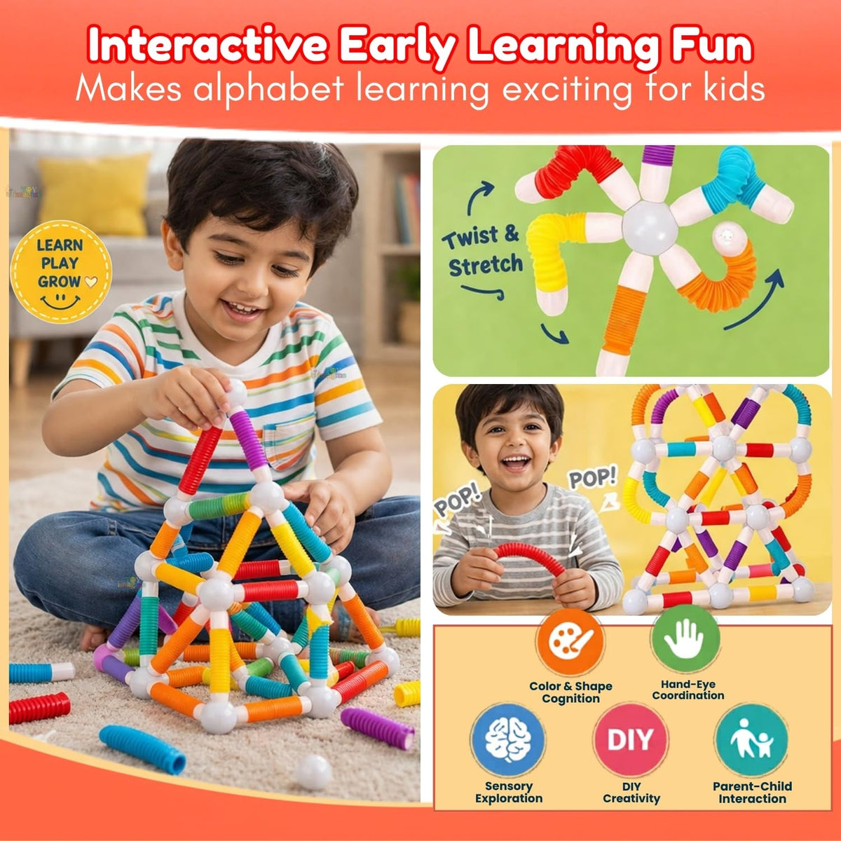 Toy Imagine Flexible Magnetic Telescopic Sticks Building Blocks for Kids 26 PCS | Magnetic Sticks & Suction Tubes DIY Educational STEM Toy | Building Construction Brain Game Gift for Kids 3+ Years