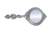 KridayKraft Beautifully Carved Round Shape Silver Plating Hand Mirror for Makeup, Travelling, Salon Mirror & Decorative Mirror Antique Item for Wedding Gifts.