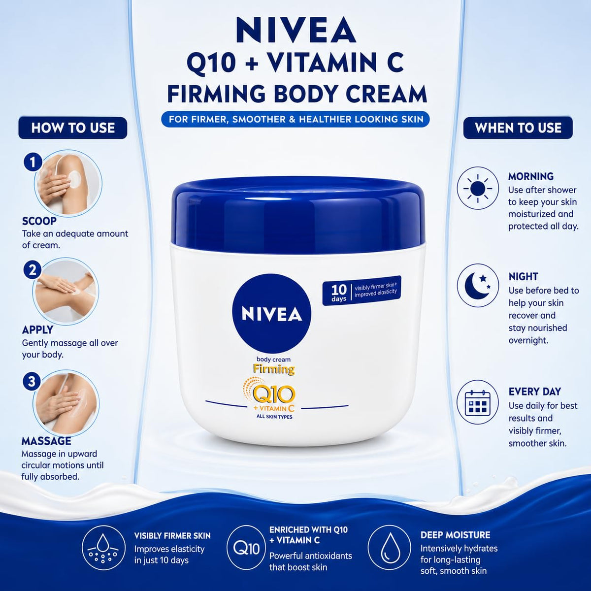 NIVEA Firming Body Cream with Q10 & Vitamin C, 48H Intensive Moisture, Helps Improve Skin Firmness & Elasticity, for All Skin Types, 400 ml
