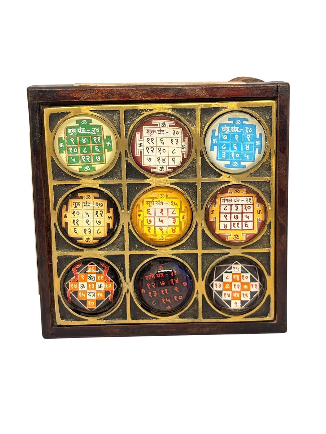 RUDRADIVINE Navgrah Chowki Wooden Base with 3D Glass Yantra – 9 Planet Shanti & Vastu