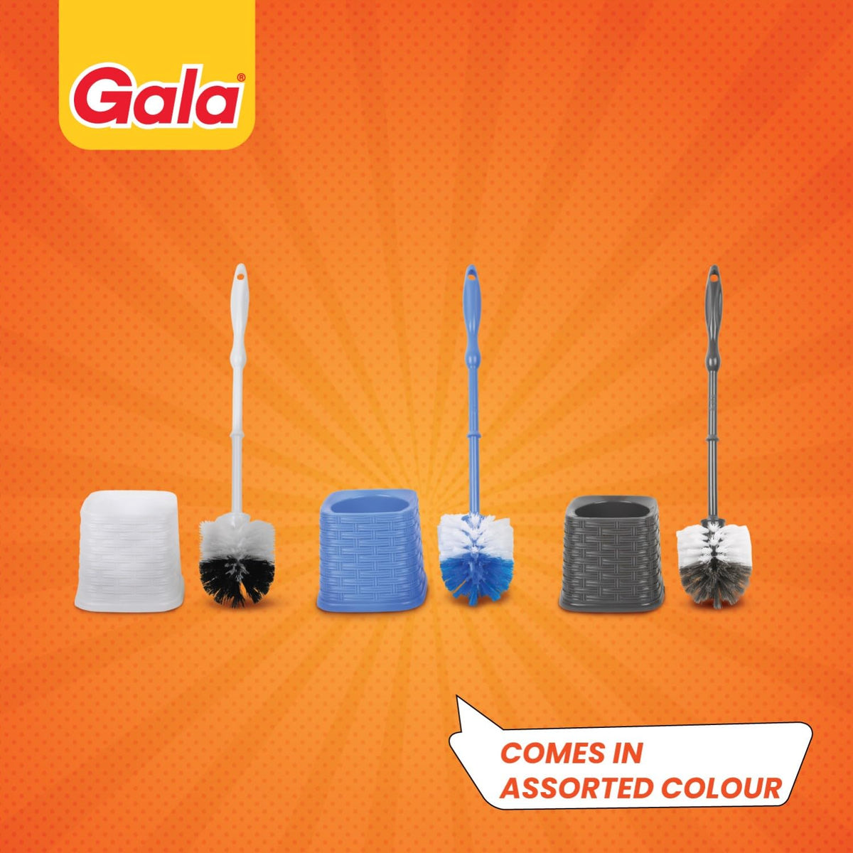 Gala Toilex Toilet Brush with Square Container, Toilet Cleaning Brush for Indian and Western Toilets, Bathroom Commode Brush, Multicolour, Pack of 1