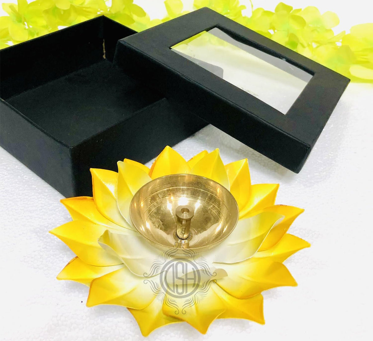 DSH Brass Lotus/Kamal Design Diya Deepak | Akhand Jyot | Arti Poojan Temple Home Decor (Yellow)