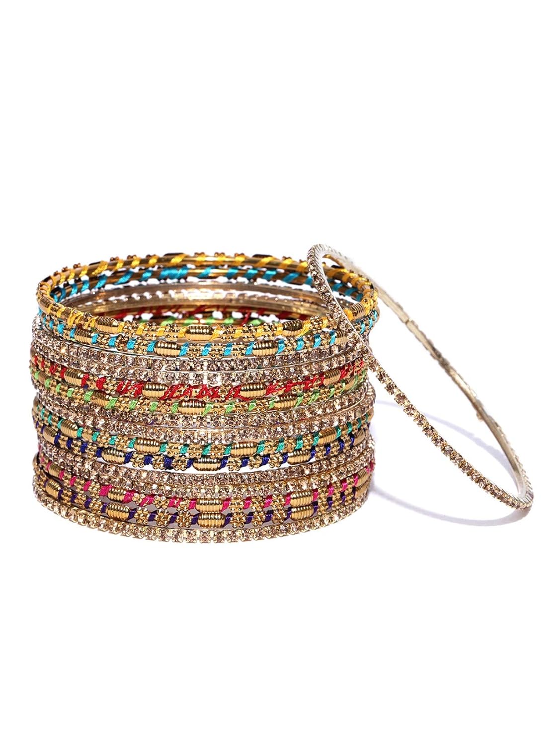 Priyaasi Multicolor Thread Bangles Set for Women | Traditional Design | Stone-Studded | Gold-Plated | Set of 16 | Brass Metal | Bridal Bangles Set for Weddings & Festivals