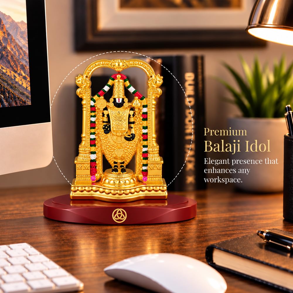 DIVINITI 24K Gold-Plated Tirupati Balaji Idol | Lord Venkateswara Swamy Showpiece with Intricate Temple Design, Decorative Base & Premium Gift Box | Home, Mandir, Office & Gifting | 9 x 6 cm