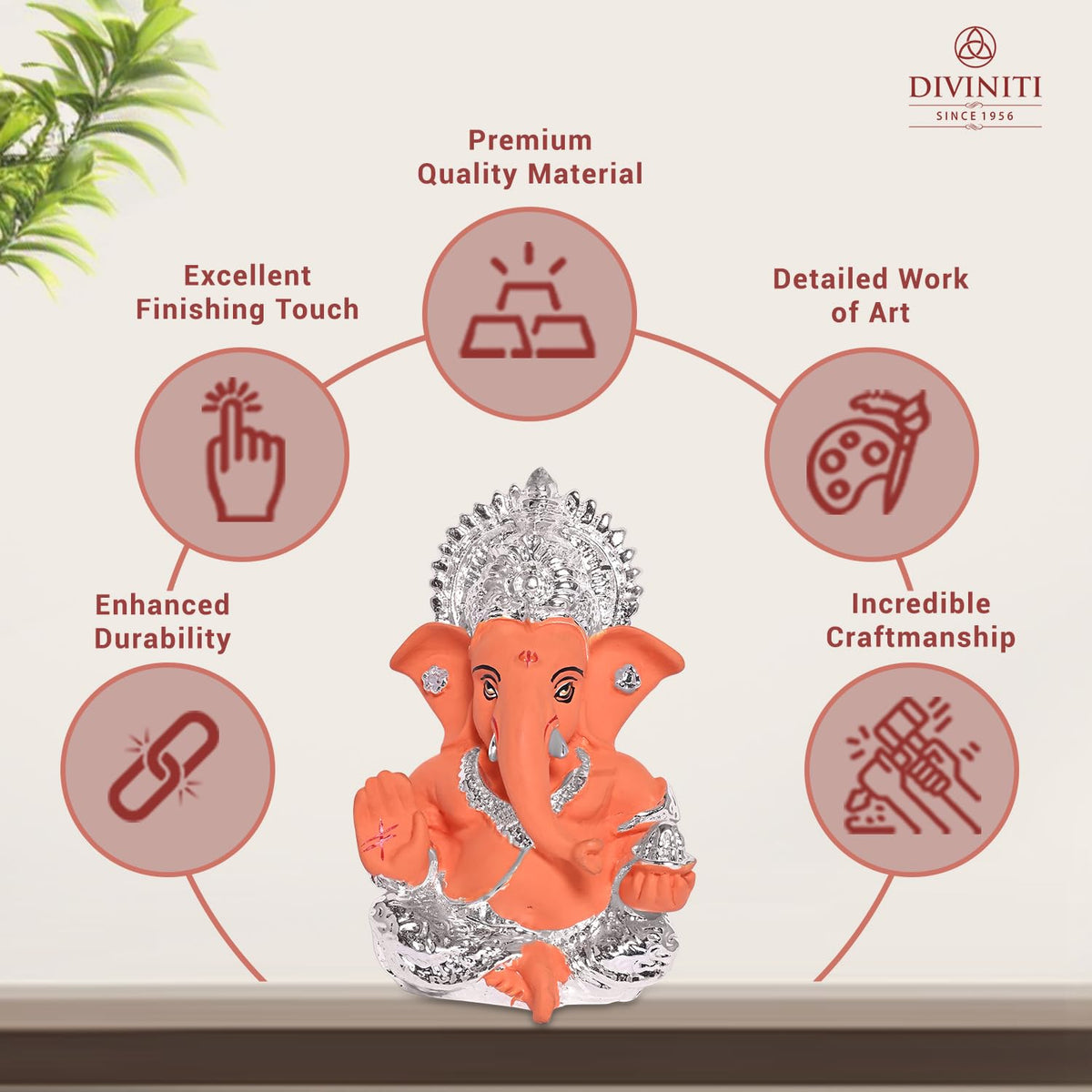 DIVINITI 999 Silver Plated Lord Ganesha Idol for Car Dashboard,Tabletop|Ganesh Statue for Good Luck and Success|Ganpati Murti for Home Decor Mandir, Office Desk Puja Gift Terracotta Orange (8.4x4.2cm)