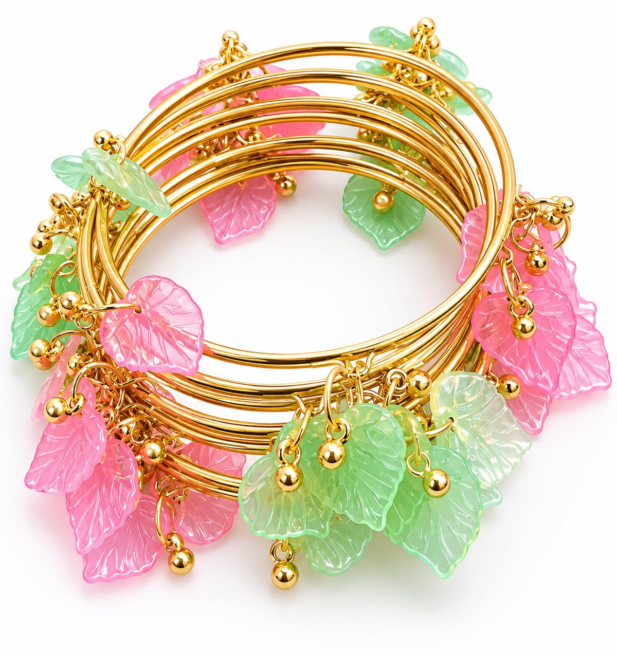 NMII Gold Plated Multicolor Leaf Ghunghroo Bangles Set | Pink & Green Leaf Design Kangan | Designer Gold Finish Metal Chudi | Stylish Floral Chudiya For Wedding Festive - Set Of 8