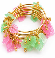NMII Gold Plated Multicolor Leaf Ghunghroo Bangles Set | Pink & Green Leaf Design Kangan | Designer Gold Finish Metal Chudi | Stylish Floral Chudiya For Wedding Festive - Set Of 8