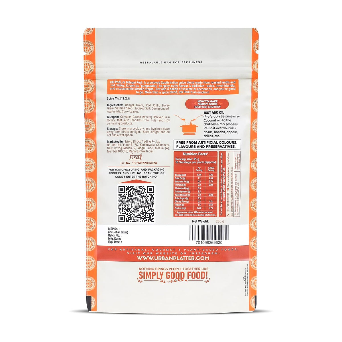 Urban Platter South Indian Style Instant Idli Podi Chutney Powder, 250g (Milagai Podi | South Indian Gunpowder | Ready-to-Use | Perfect for Idli, Dosa and Rice)