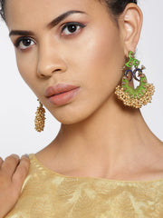 Priyaasi Gold-Plated Stones Studded Peacock Inspired, Meenakari Chandbali Earrings in Green Color with Pearls Drop