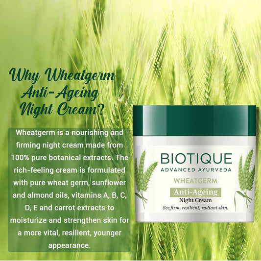Biotique Wheat Germ Anti- Ageing Night Cream | Reduces Fine Lines | Lightens dark Spots | 100% Botanical Extracts | Suitable for All Skin Types | 50g pack of 2