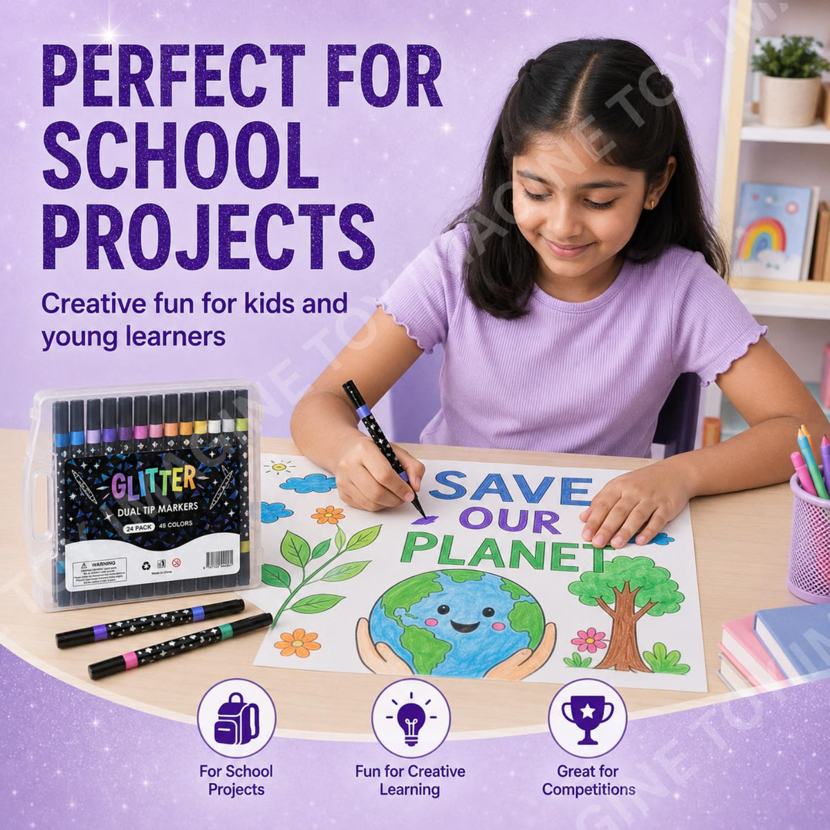 Toy Imagine 48-Colour Glitter Marker Pens, Dual-Tip Brush & Fine Tip