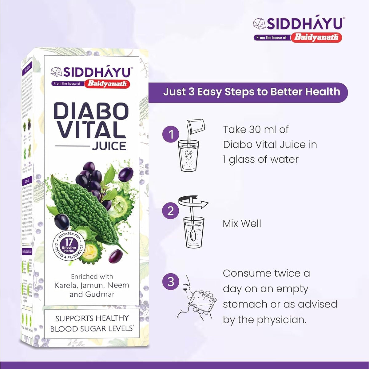Baidyanath Asli Ayurved Diabo Vital Juice - 1L | Ayurvedic Juice for Diabetic Care With Karela, Jamun, Neem & Gudmar & 17 More