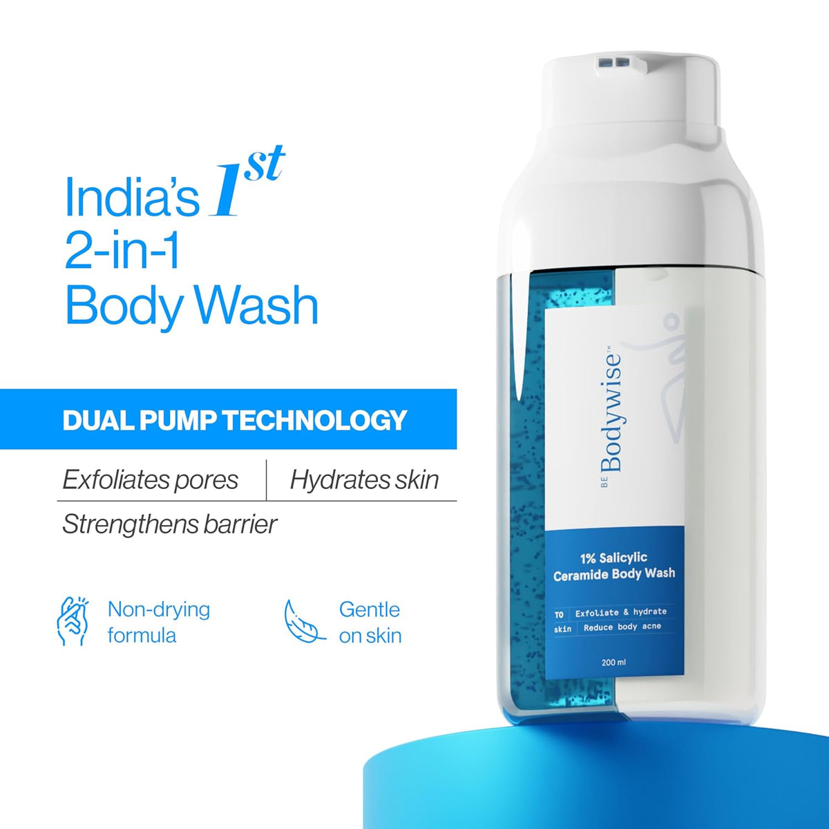Be Bodywise Moisturizing Body Wash Shower Gel 250 ml | Salicylic Acid & Ceramide | Body Acne, Strawberry Skin & Deep Hydration | Dual Pump, 2 in 1 Body Wash | Gentle, Non Drying & Paraben-Free