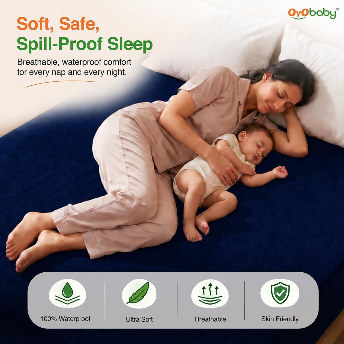 OYO BABY King Mattress Protector | 100% Waterproof & Breathable Bed Cover with Soft Terry Cotton Feel | 360° Fitted Elastic Protection for Family, Kids & Baby Beds | 72 x 84 Inch (6 x 7 Ft) -Dark Blue