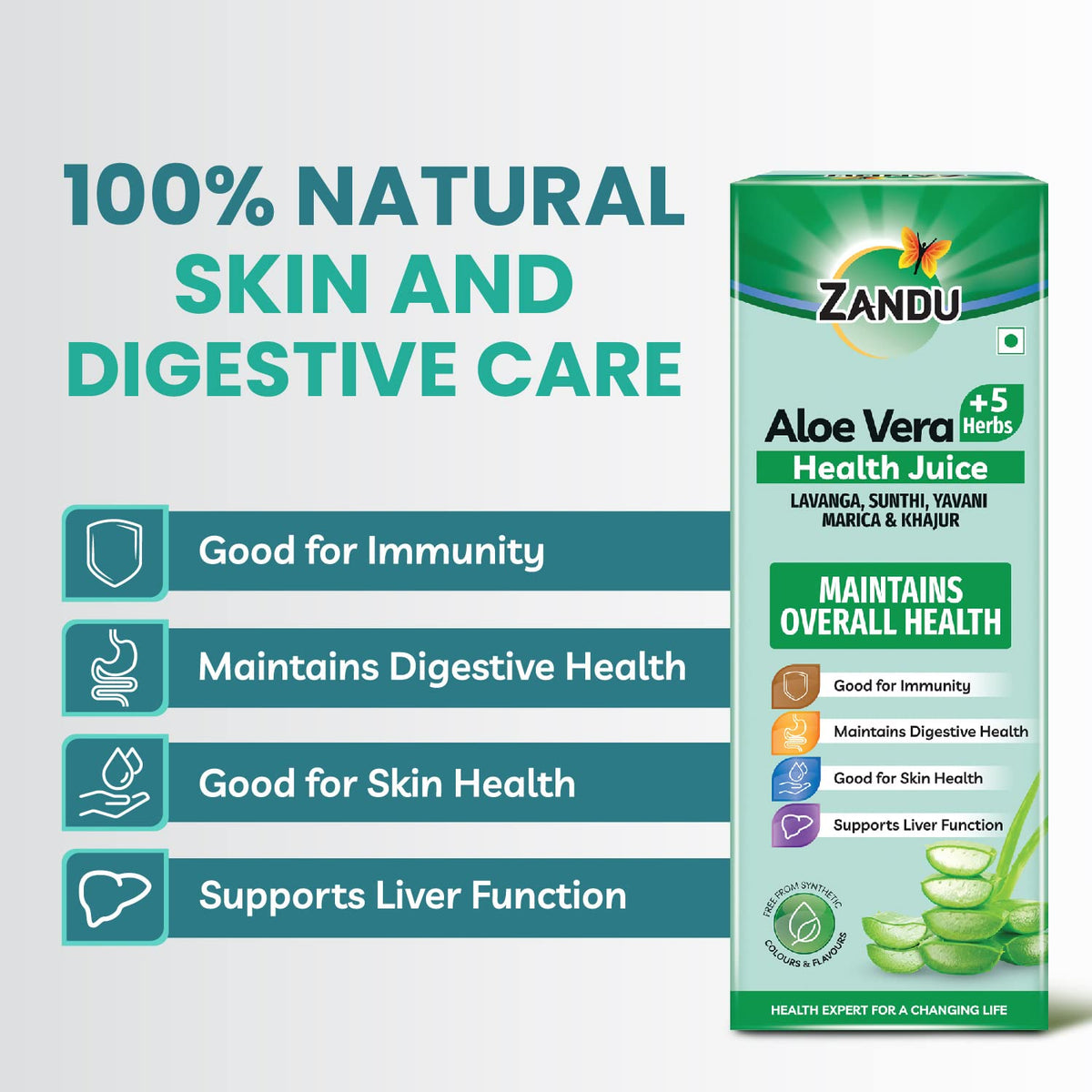 Zandu Aloe Vera + 5 Herbs Health Juice | Ayurvedic Immunity Booster | Good for Digestive Health, Skin Health & Liver Function | No Added Sugar (1000ml)