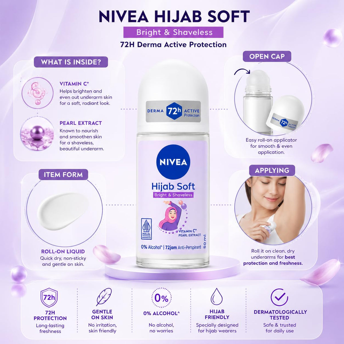 NIVEA Hijab Soft Bright & Shaveless Anti-Perspirant Roll-On for Women, 72H Protection, Vitamin C & Pearl Extract, 0% Alcohol, 50 ml