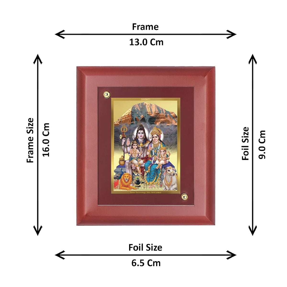 DIVINITI 24K Gold Plated Lord Shiva, Maa Parvati, Shri Ganesha Ji and Lord Kartikeya Photo Frame | Religious Gift & Spiritual Decor | MDF Gold Foil Frame for Temple, Wall & Gift | 16 x 13.5 CM
