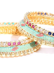Priyaasi Traditional Colored Stone Gold Plated Bangle Set for Women, (Sea Green & Gold)