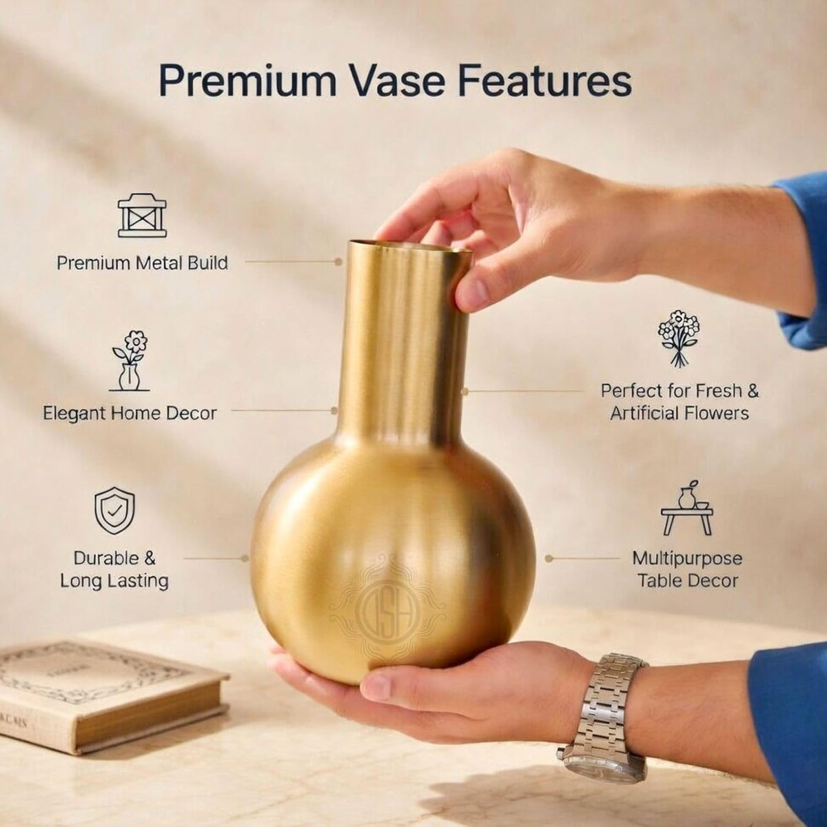 DSH Metal Vase Modern Decorative Table Top for Living Room Bedroom & Office (13.5X21 CM) Round Flower Pot for Fresh & Artificial Flowers