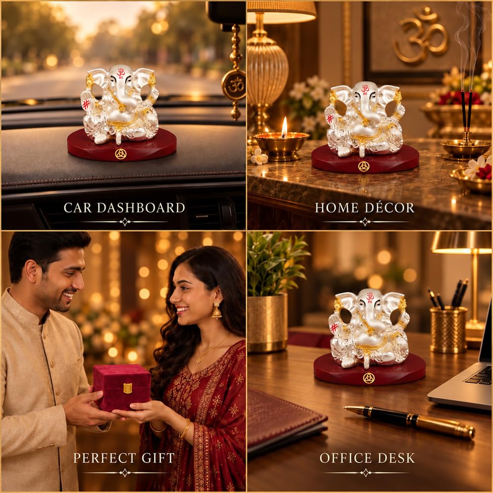 DIVINITI 999 Silver-Plated Lord Ganesha Idol with Gold Accents | Ganpati Murti for Car Dashboard, Home, Office & Puja Room | Diwali & Housewarming Gift with Premium Gift Box | 5 x 7 CM