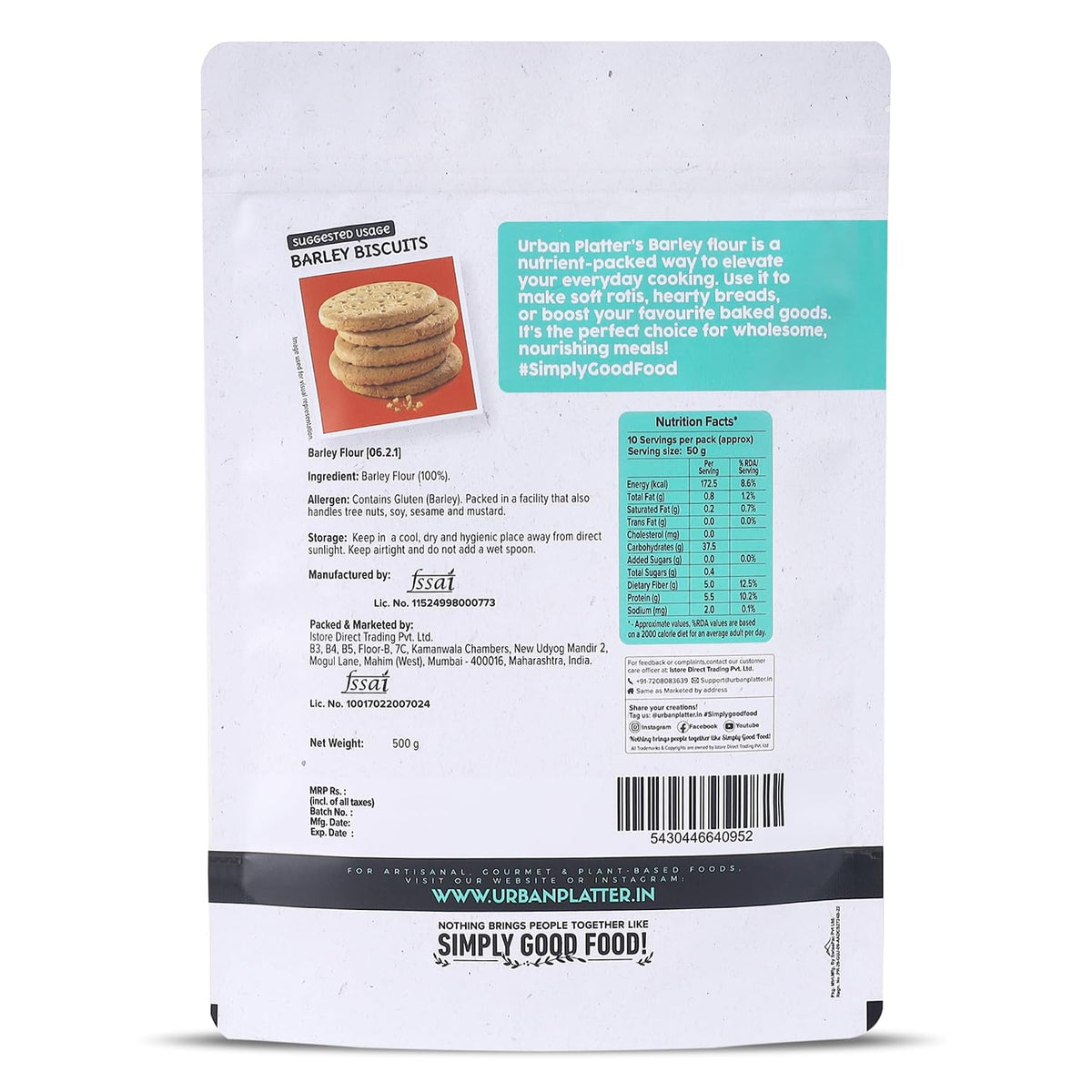 Urban Platter Barley Flour, 500g (High-Fiber | Stone-Ground | Ideal for Baking, Rotis & Traditional Recipes)