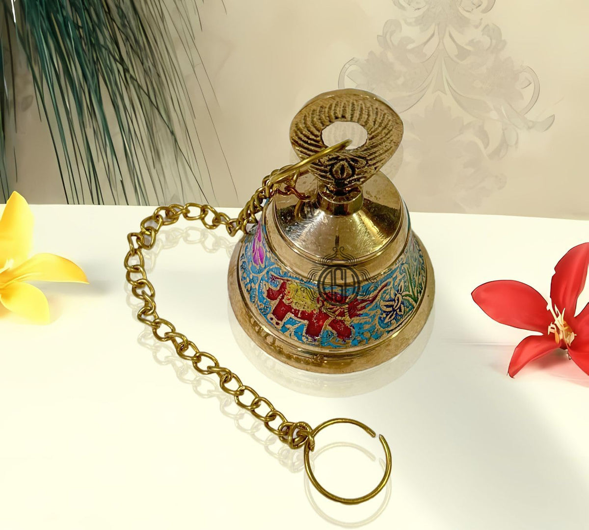 DSH Handcrafted Brass Temple Hanging Bell with Chain Home Mandir Decoration Ghanti for Pooja with Deep Sound (Blue, H-4 Inch)
