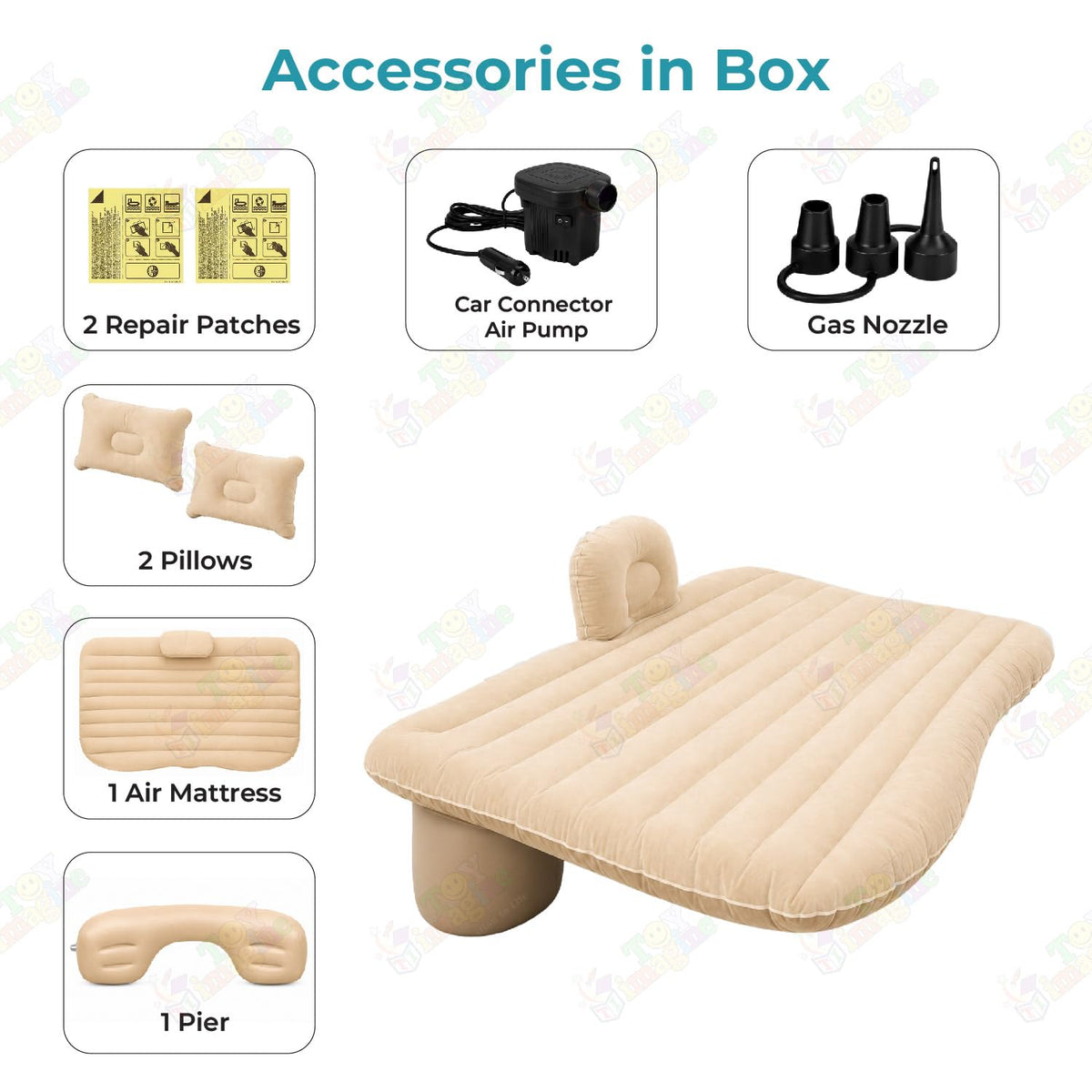 Toy Imagine Inflatable Car Mattress with Pump & 2 Pillows for Travel, Beige