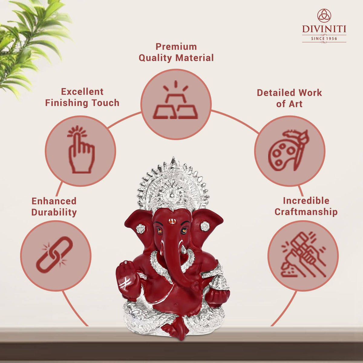 DIVINITI 999 Silver Plated Resin Lord Ganesha Idol for Car Dashboard, Tabletop|Ganesh Statue for Good Luck and Success|Ganpati Murti for Home Decor Mandir, Office Desk Puja Gift Red (8.4x4.2cm)