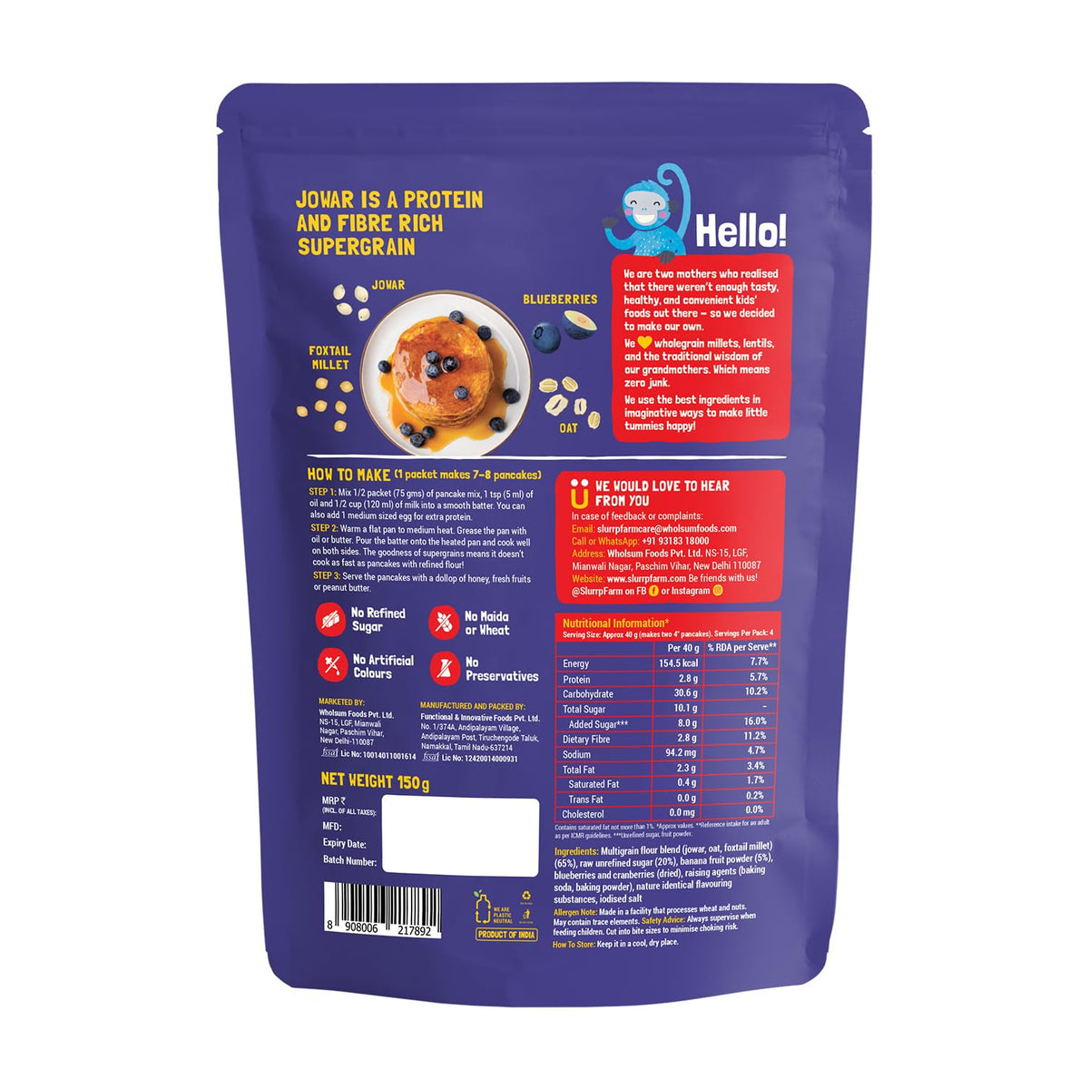 Slurrp Farm Blueberry Millet Pancake Mix | No Maida, 150g