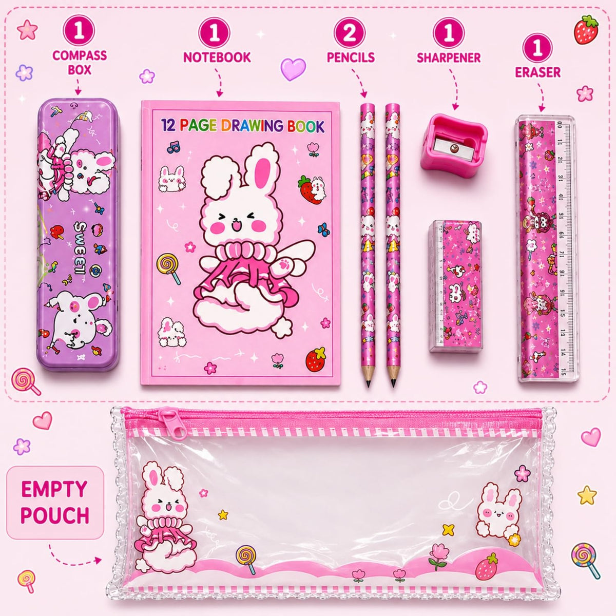 Toy Imagine Kids Stationery Kit for Birthday Return Gift | Pencils, Eraser, Scale & Sharpener | Ideal for School, Party Distribution, Kanjak, Festivals & Classroom Gifts (Pack of 8)