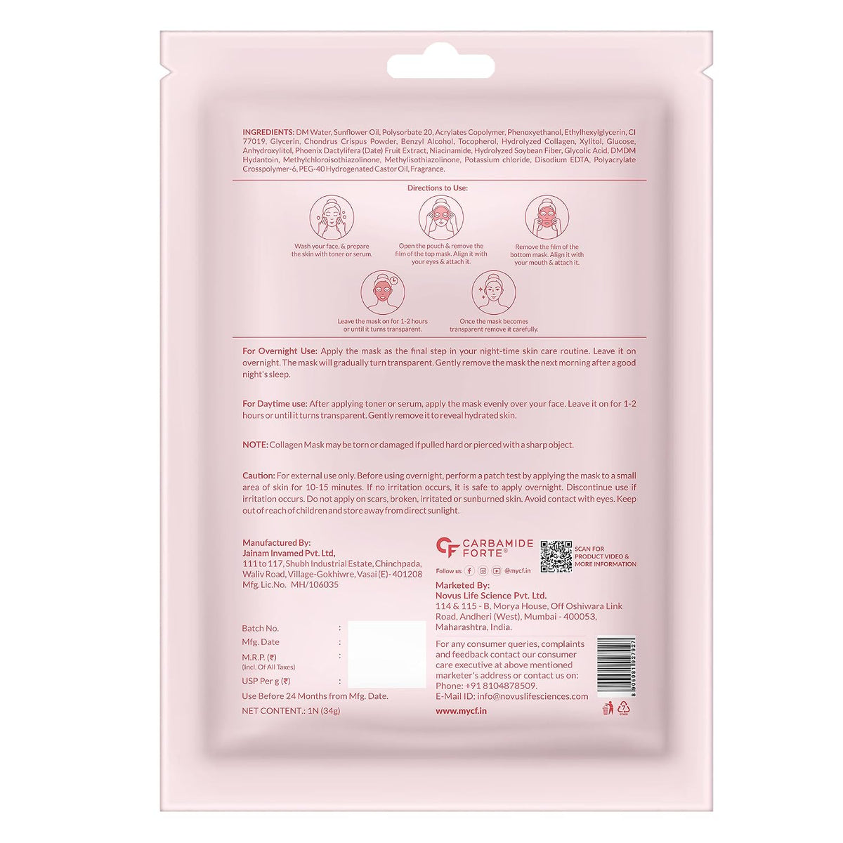 Carbamide Forte Bio Collagen Mask | Collagen Mask Overnight | Sheet Mask | Korean Glass Skin Overnight Hydrogel Face Mask Sheets for Deep Hydration, Pore Minimizing, Firming & Moisturizing | Paraben-Free | For All Skin Types | 2 Piece