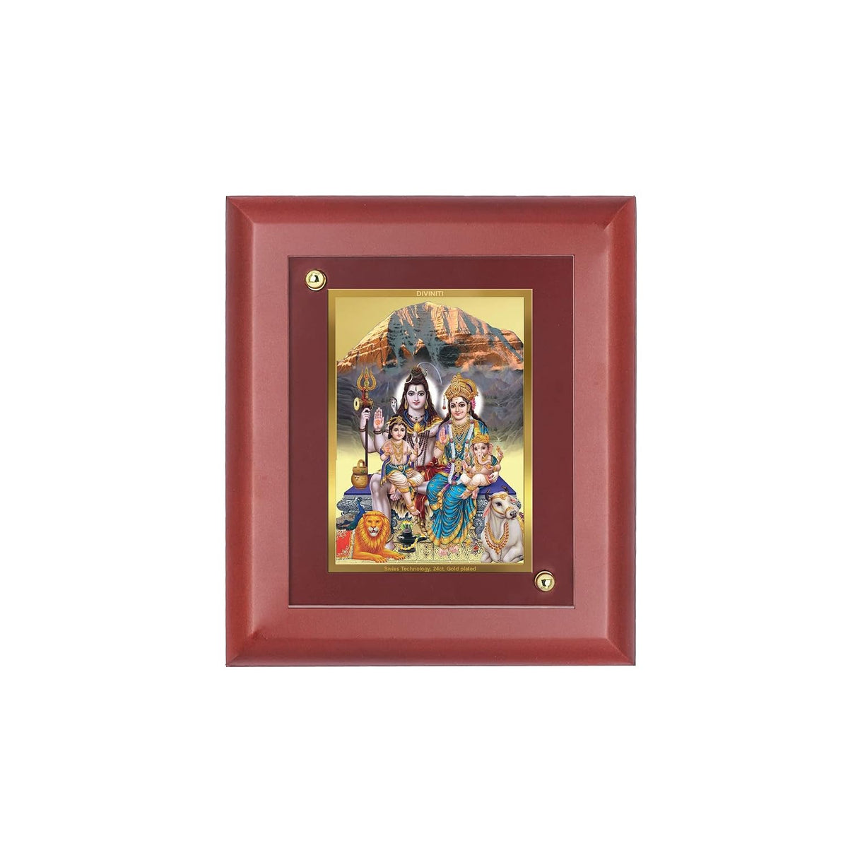 DIVINITI 24K Gold Plated Lord Shiva, Maa Parvati, Shri Ganesha Ji and Lord Kartikeya Photo Frame | Religious Gift & Spiritual Decor | MDF Gold Foil Frame for Temple, Wall & Gift | 16 x 13.5 CM