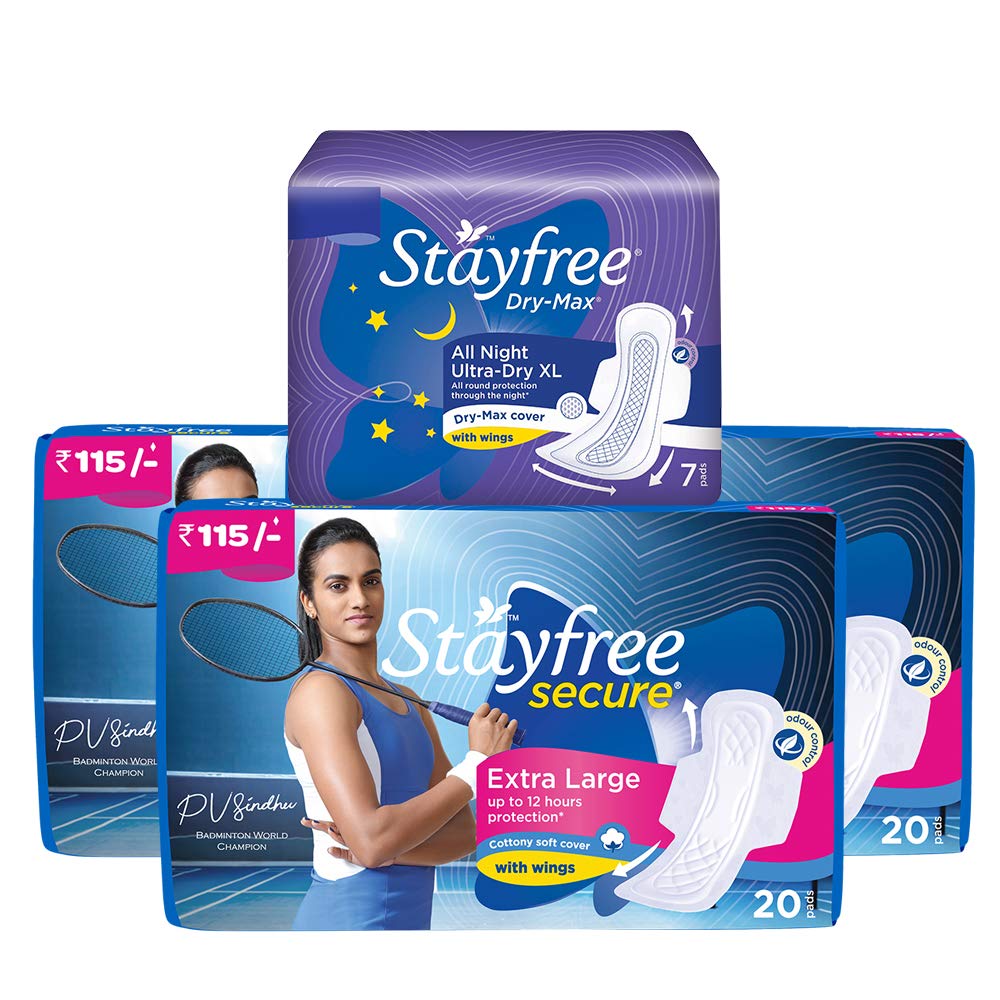 Stayfree Secure XL Cottony Sanitary Napkins with Wings for women, Extra Large (30 Count) with Stayfree Dry Max All Night XL Sanitary Napkins 7 Count