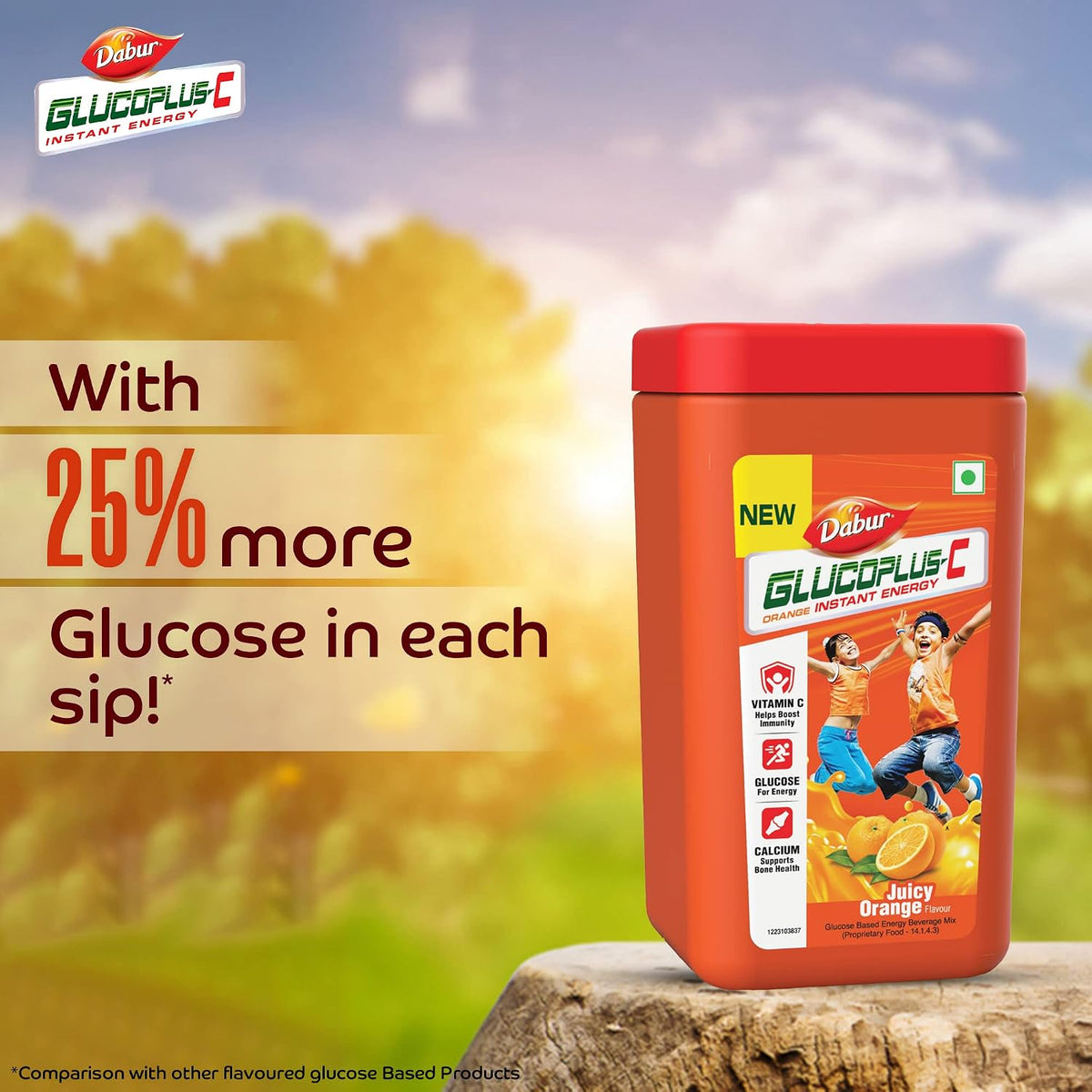 Dabur GlucoPlus-C Instant Energy Glucose Juicy & Tasty Orange Flavour Powder- 400g Jar | Glucose Replenishes Energy | 25% more Glucose| Vitamin C helps Boosts Immunity | Calcium Supports Bone Health