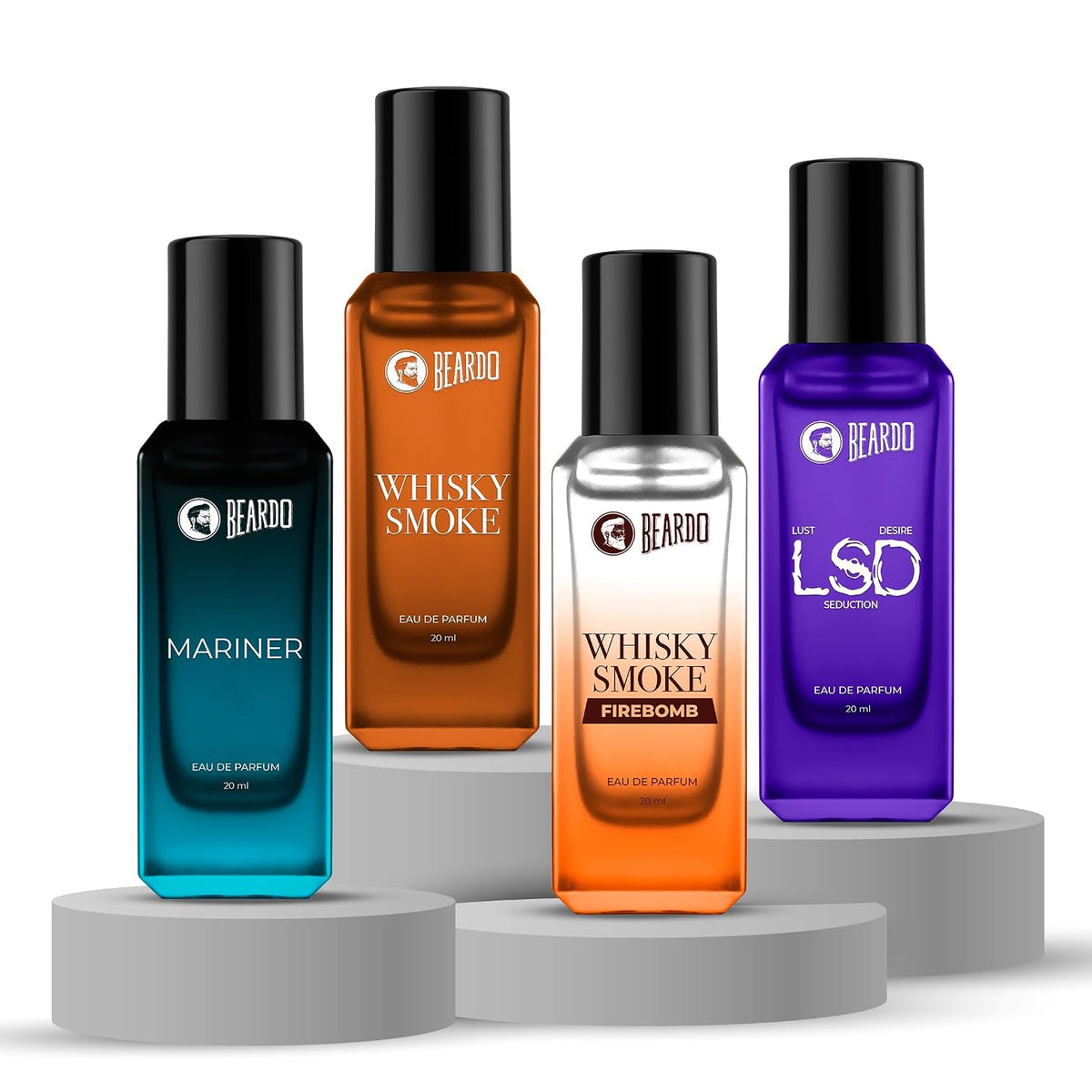 Beardo “Fuel the Mood” 4-in-1 Perfume Set- Whisky Smoke, LSD ,Whisky Smoke Firebomb & Mariner Perfume for Men (20ml x 4) | Long Lasting Fragrance | Long Lasting Perfume for Men | Gift for Men | Gift for Friend