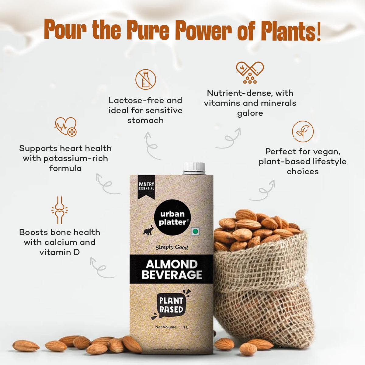 Urban Platter Almond Milk, 1 Litre, Pack of 2 (Unsweetened | Lactose-Free | Plant-Based Milk Alternative | Works Beautifully in Tea and Coffee)