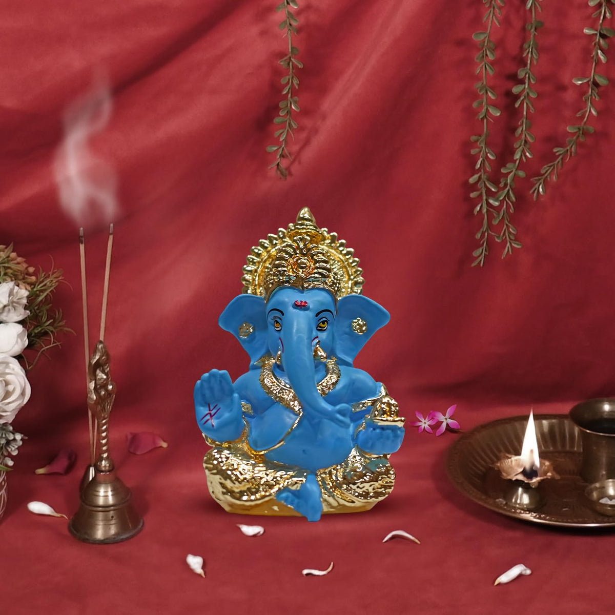 DIVINITI Gold Plated Lord Ganesha Idol for Home Decor Puja, Office & Home Shelves, Diwali Puja, and Gifting |Ganpati Murti Sculpture & Religious 3.5 Inches (8.89 x 5.08 cm) (Mukut Gold Blue)