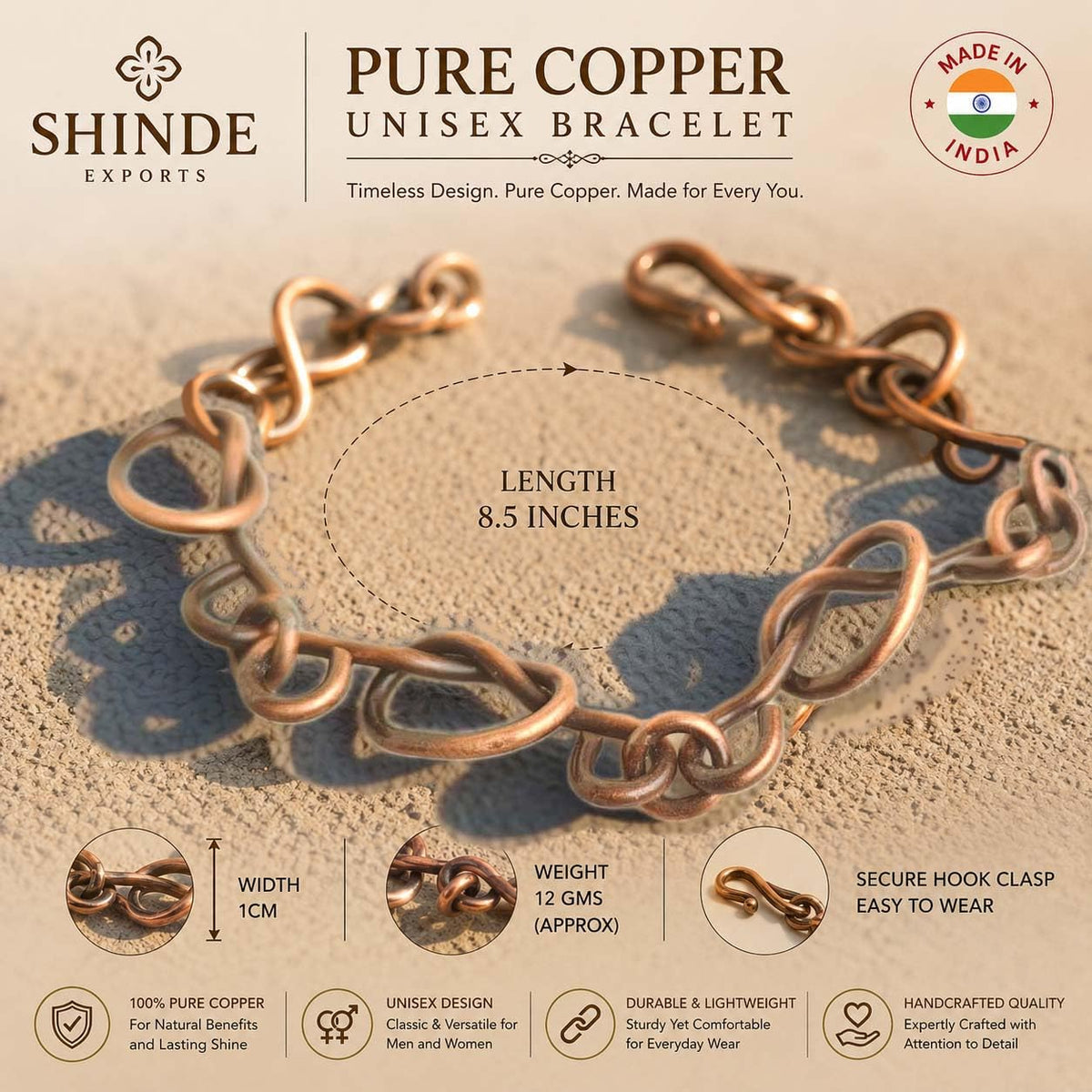 SHINDE EXPORTS Pure Copper Link Chain Bracelet Unisex S Hook 8.5 Inch