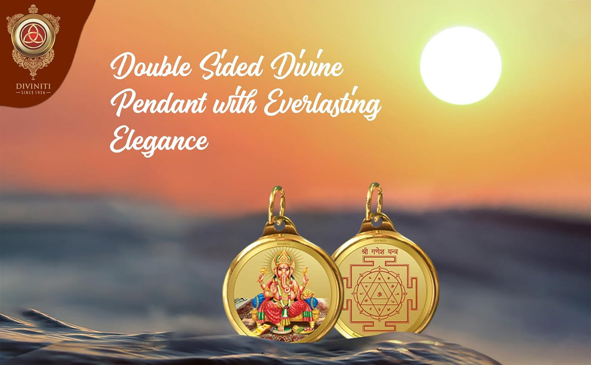 DIVINITI 24K Gold Plated Lord Ganesha & Yantra Double-Sided Pendant with Premium Gift Box, 28 mm Hindu Religious Locket, Luxury Spiritual Jewellery Gift for Men & Women