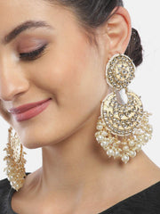 Priyaasi Gold-Plated Kundan Stones Chandbali Earrings for Women and Girls (Peach and Gold)