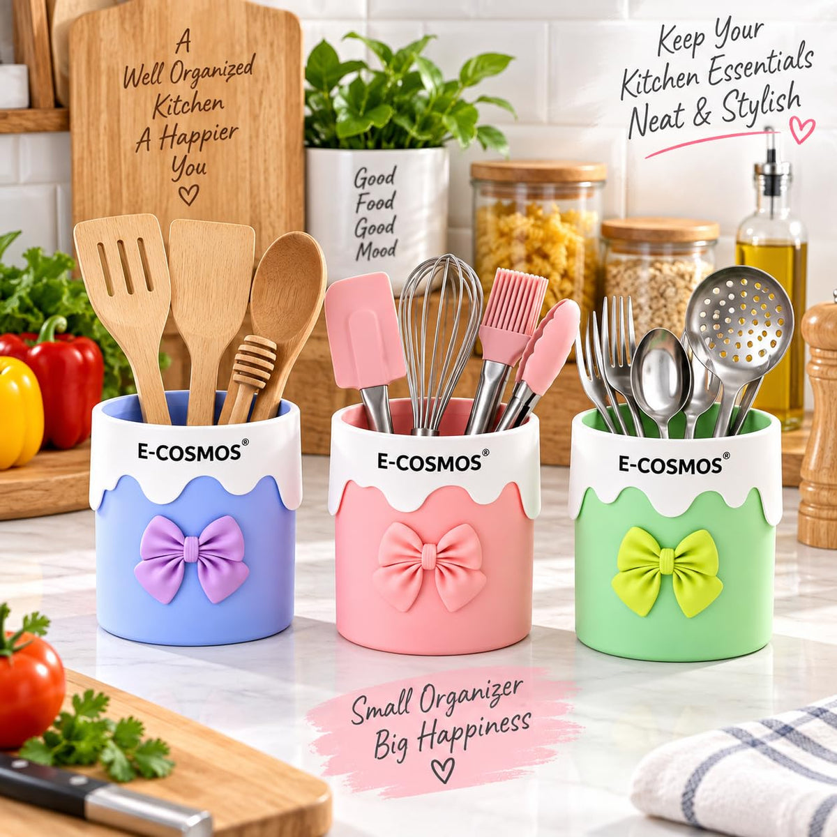 E-COSMOS® Wall Mounted Cosmetic Organizer Cup with Bow Design, Makeup Brush Holder, Toothbrush Holder, Desk Storage Container for Bathroom, Dressing Table & Stationery, Pastel Colors