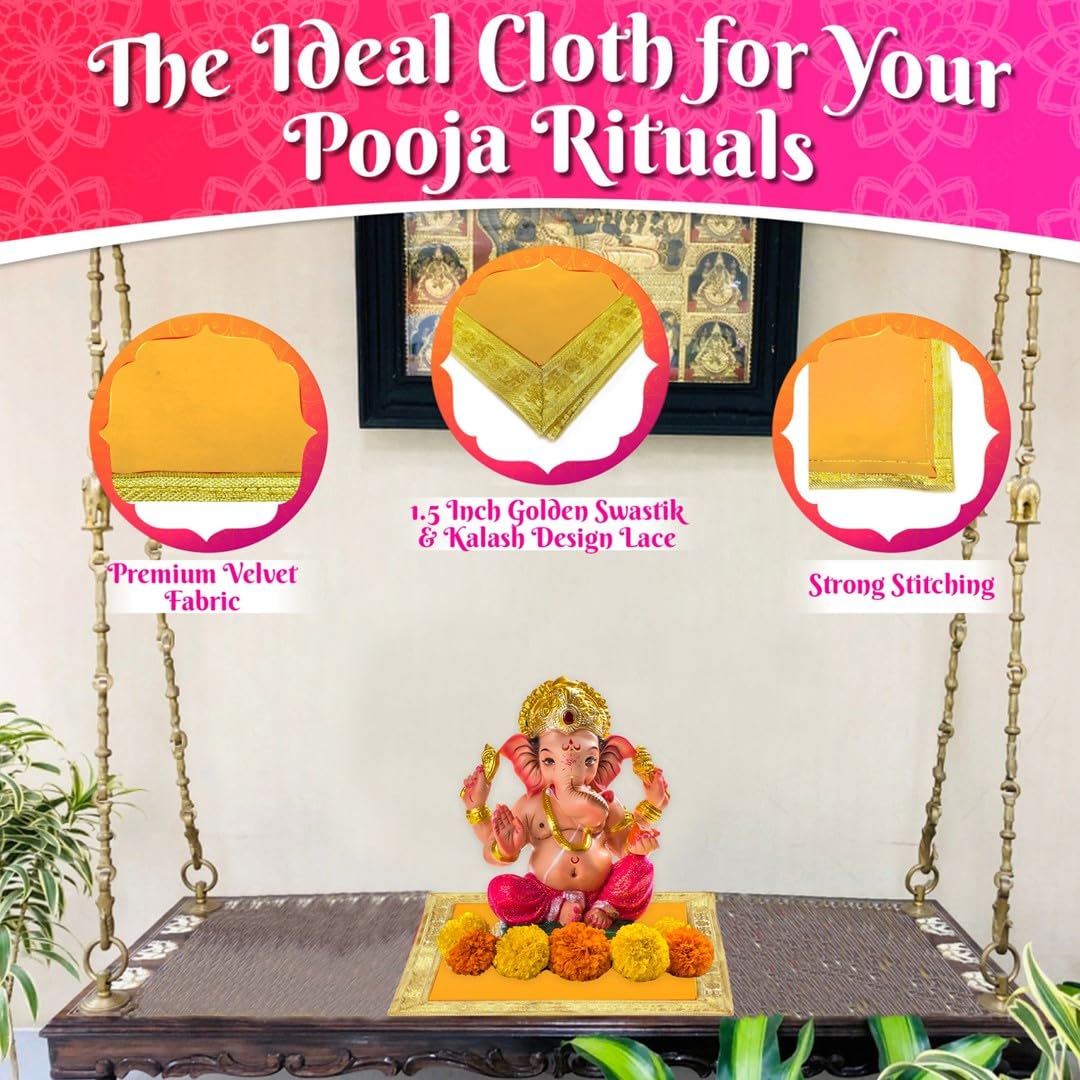 Bhakti Lehar Orange Velvet Pooja Cloth | Aasan for God Idol Sitting, Mandir Shelf, Puja Chowki Table and Home Temple Decoration - Pack of 4 (18 x 18 Inch)