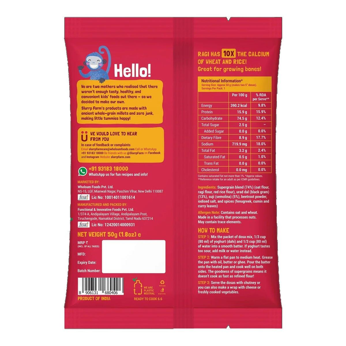 Slurrp Farm Healthy Breakfast and Snacks Trial Pack Combo, Millet Pancake and Dosa Mix, 300g (Pack of 6, 50g each)