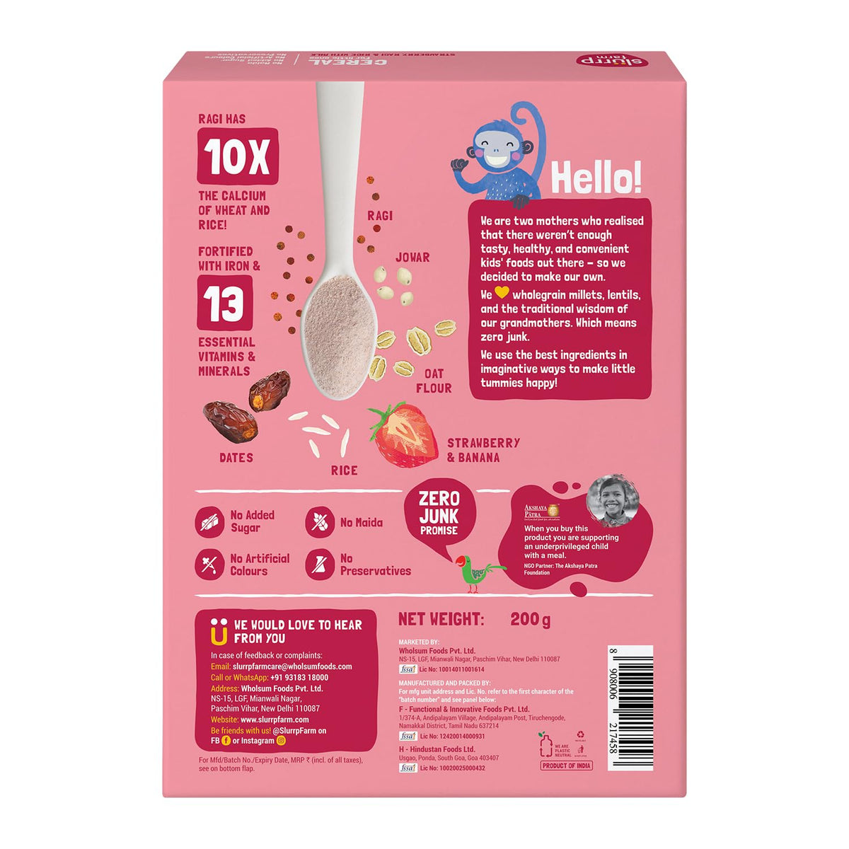 Slurrp Farm No Added Sugar Instant Cereal | Ragi, Rice and Strawberry with Milk | Free Strawberry Cereal Trial Pack | 200g