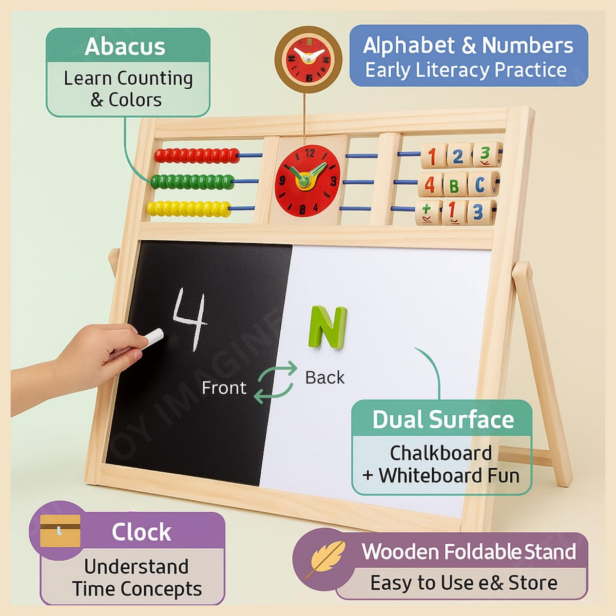 Toy Imagine Wooden 2 in 1 White Board & Black Board for Kids