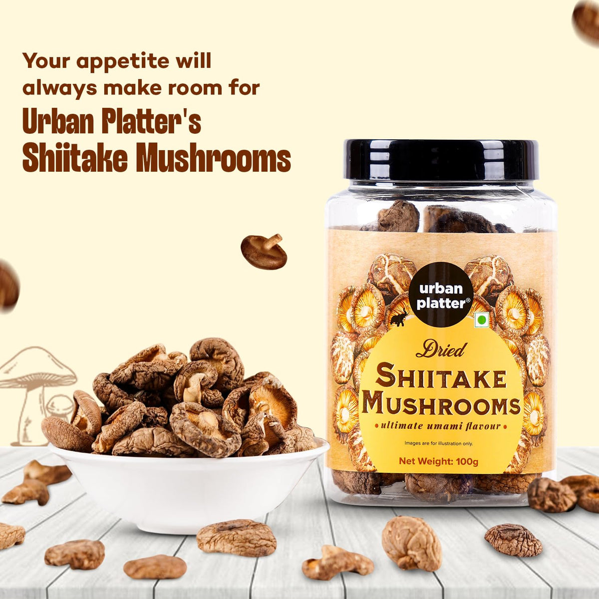 Urban Platter Dried Shiitake Mushrooms, 100g (Umami-Rich | Perfect for Asian Soups, Stir-Fries & Sushi | Rehydrates Quickly)